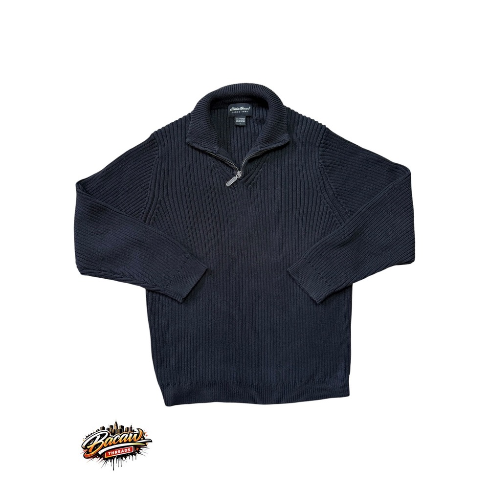 Eddie Bauer Mens Large Black 100% Pima Cotton Ribbed Quarter Zip Sweater